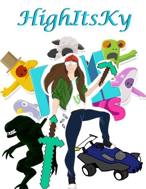Digital drawing of Ky holding Minecraft weapons with fall guys characters, 
				a monster from Alien Isolation, and her stepping on a rocket league vehicle with her foot